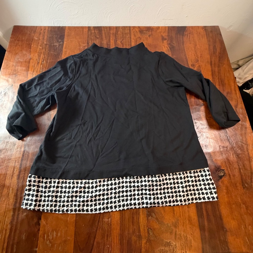 Ann Taylor Black Mock Neck Houndstooth Hem Layered Look Top Large 3/4 Sleeve